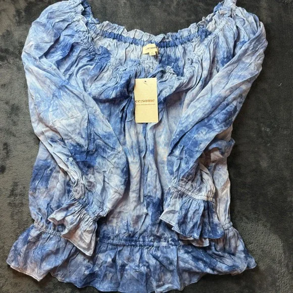 XL Ee:some Blue Tie‎ Dye Peasant Top Ruffle Long Sleeve Blouse - Picture 3 of 5